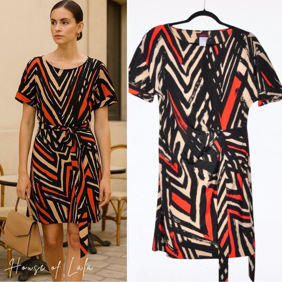 mark. Dresses & Skirts - Mark. Faux Wrap Tie Waist Black and Tan  Midi Dres. Abstract Pattern, Modest.